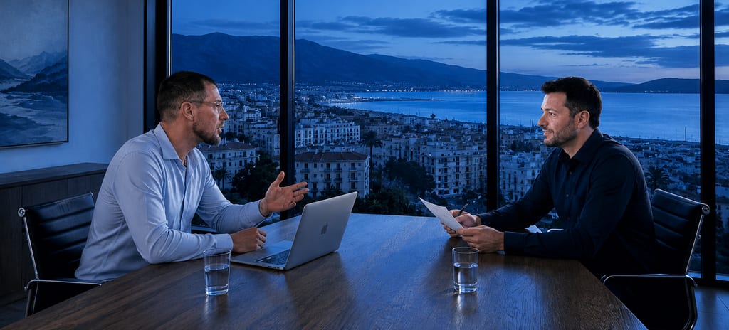 Nordic Business von Stefan Brandenburg — Beratung zu Webdesign und CRM im Büro mit abendlichem Blick über Mallorca